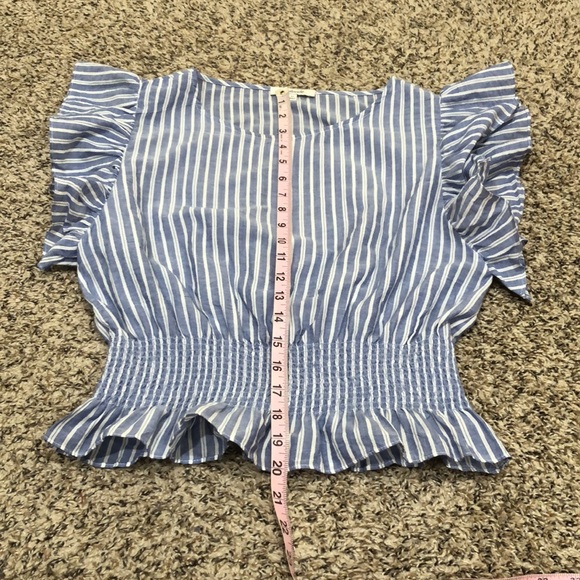 SOLD Madewell Flutter Sleeve Top Size XS Blue White Striped Ruffle Peplum Hem - Picture 8 of 8